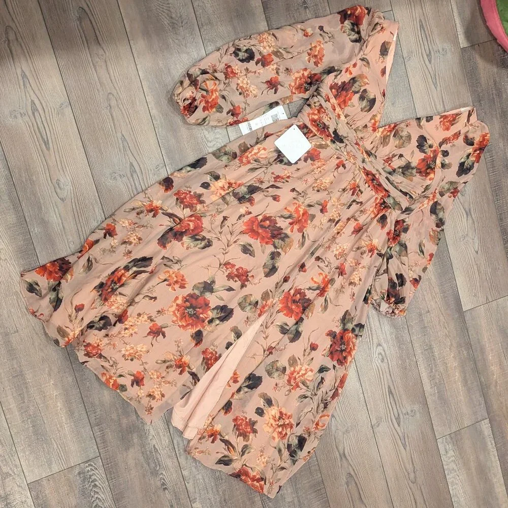 NWT Azazie Stevie Midi Dress Mauve Floral Elegant Fairycore Sheer Chiffon 12 - Picture 4 of 13